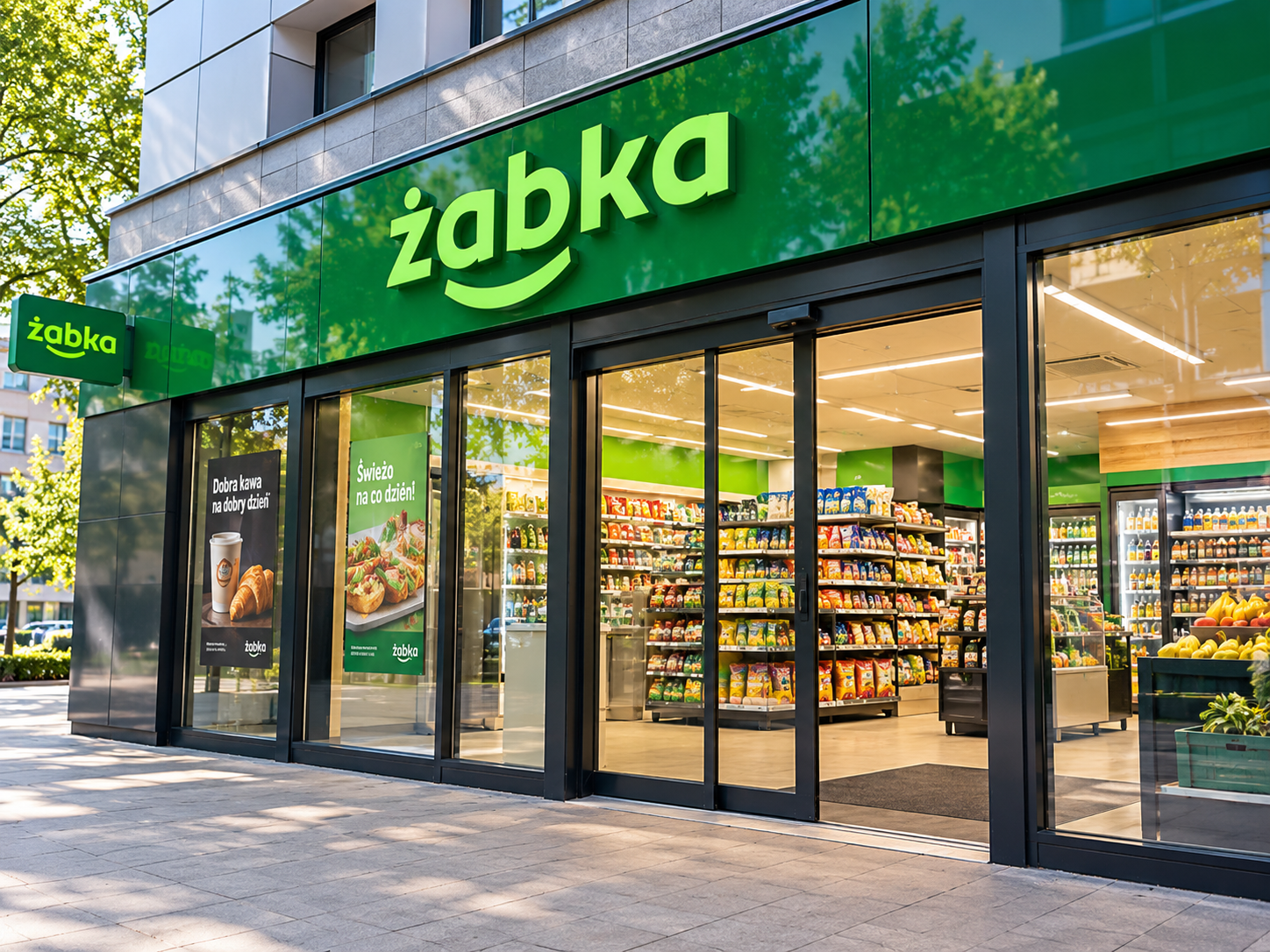Wizualizacja sklepu Żabka z zielonym szyldem i przeszklonym wejściem